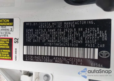 2019 Toyota Camry Se from USA, damaged, VIN 4T1B11HK5KU761938